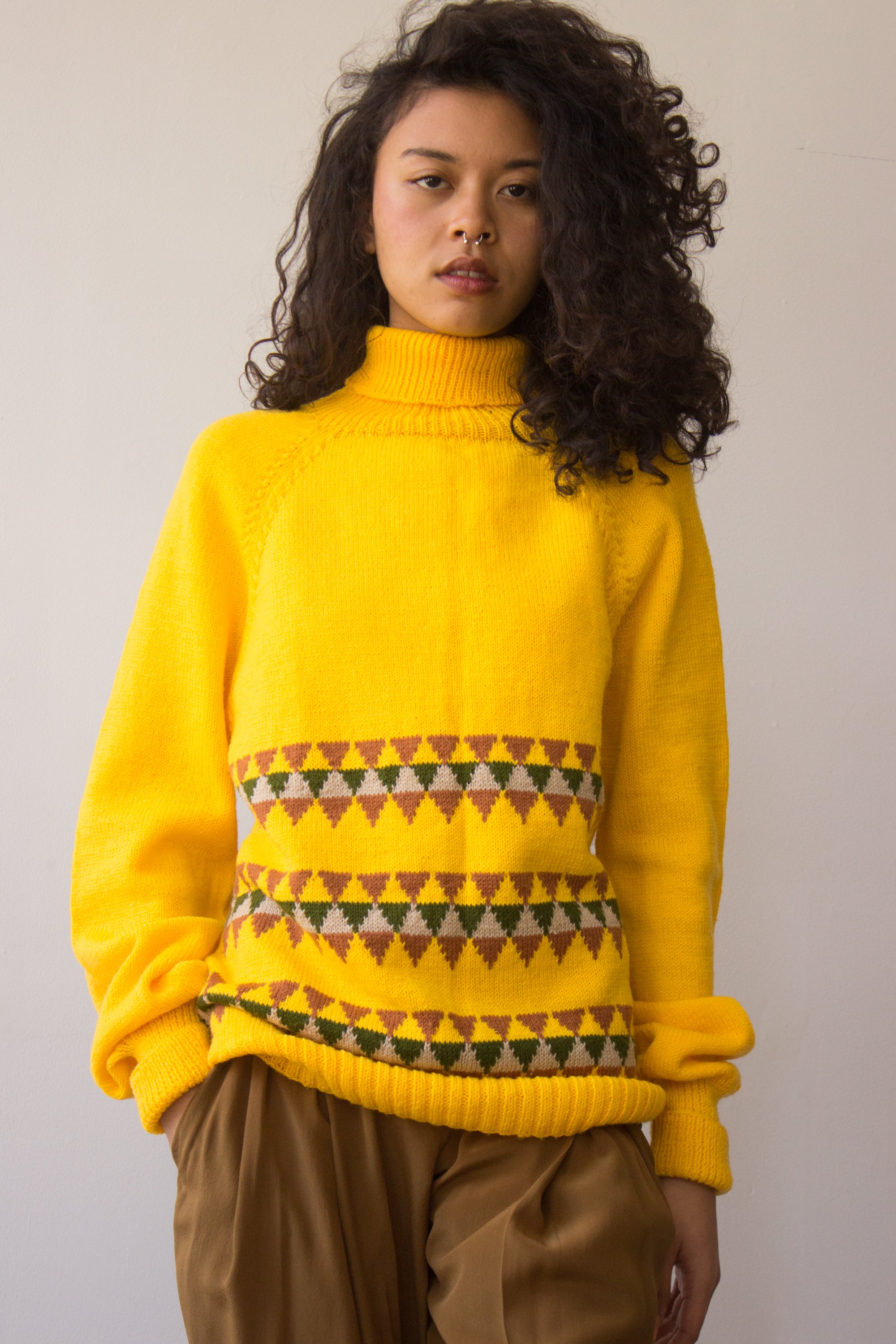 1980s Yellow Triangle Border Print Knit Turtleneck — Wayward Collection